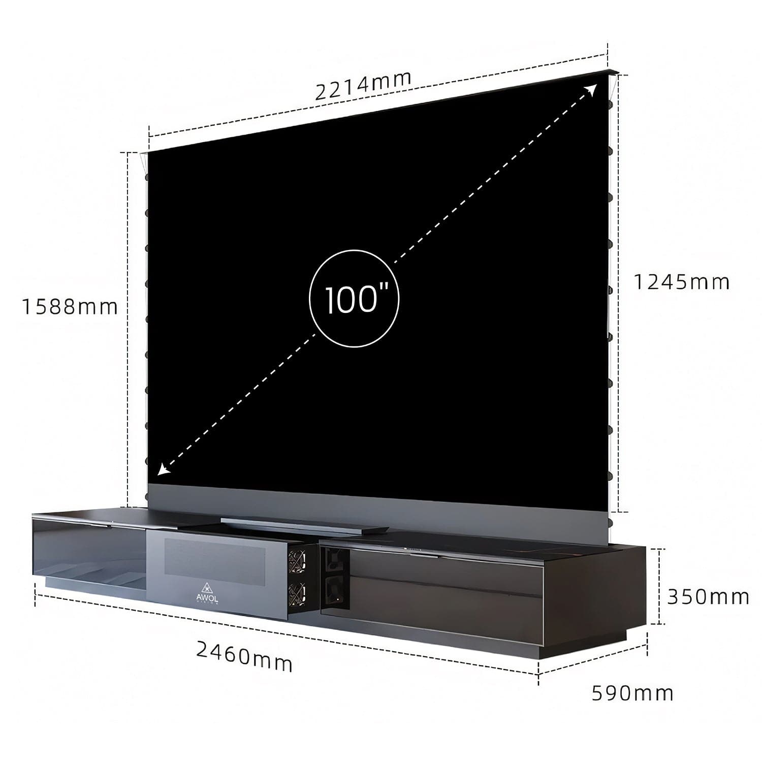 Dimensions of AWOL Vision 100-inch laser tv setup, including screen and smart cabinet, ideal for integrating into custom home theater.