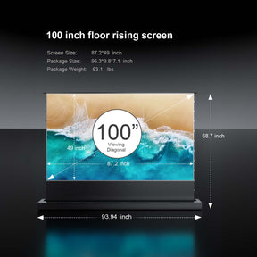 Cinematic+ ALR 100-inch floor rising projector screen with dimensions and weight details.