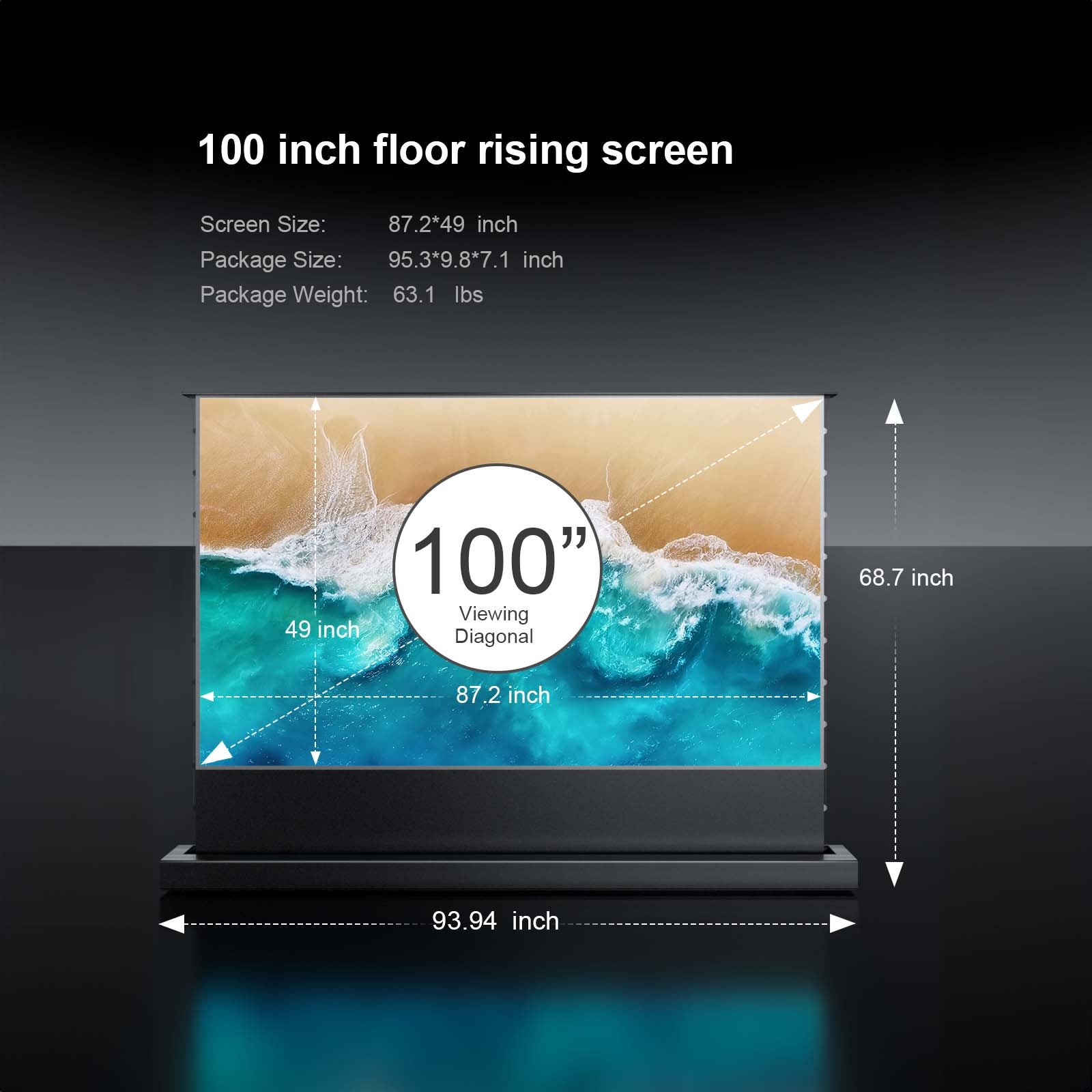 Cinematic+ ALR 100-inch floor rising projector screen with dimensions and weight details.