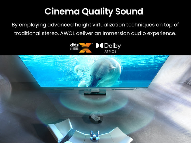 Experience immersive cinema-quality sound with AWOL Vision 4K projector featuring Dolby Atmos and DTS Virtual:X, as shown with vivid underwater visuals.