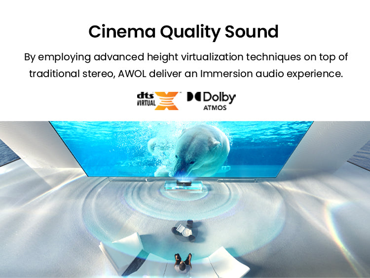 AWOL Vision LTV-3500 Pro projector, featuring Dolby Atmos and DTS Virtual for a surround sound cinema experience.