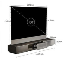 AWOL Vision Vanish Laser TV with 130 inch screen and detailed dimensions display.