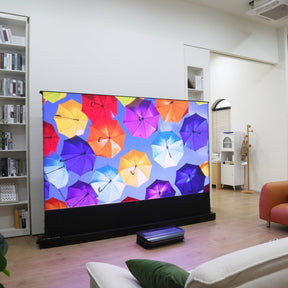 LTV-3500 Pro short throw TV projector with acoustic projector screen in living room setup.