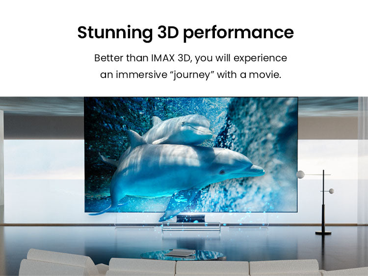 Experience stunning 3D performance with the AWOL Vision LTV-3000 Pro projector, showcasing dolphins in a crystal-clear underwater scene.