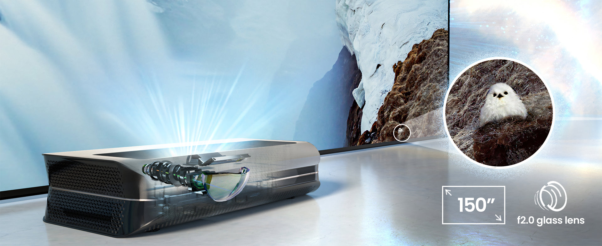 Detail of AWOL Vision LTV-3500 Pro impressive clarity at 150 inches, showcasing its 4K UST laser technology ideal for home cinema setups.