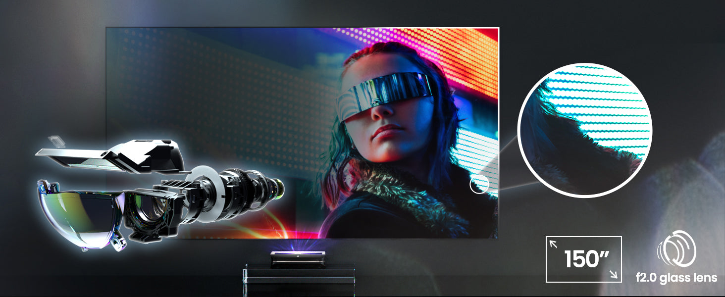 AWOL Vision 4K Laser Projector highlighting its close-to-perfection image clarity on a large 150