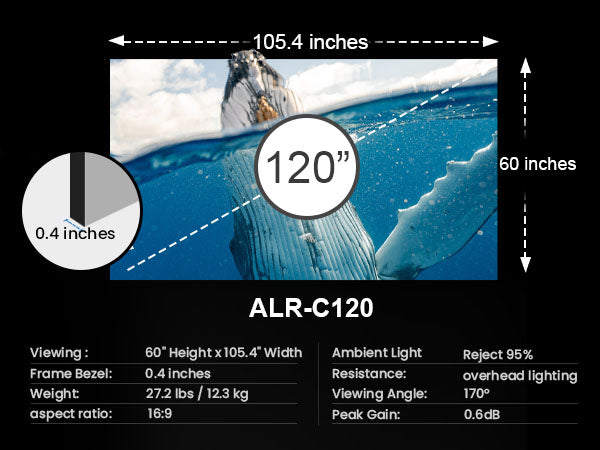 Detailed specifications of AWOL Vision ALR-C120 120-inch screen, highlighting dimensions, weight, frame bezel, and viewing angle.