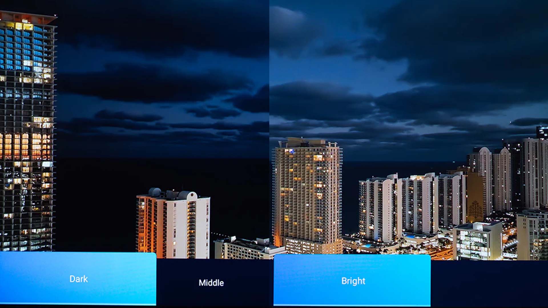  split-screen image comparing gamma settings. The left "Dark" side shows high contrast (Gamma 2.4), while the right "Bright" side reveals more shadow detail (Gamma 2.2).