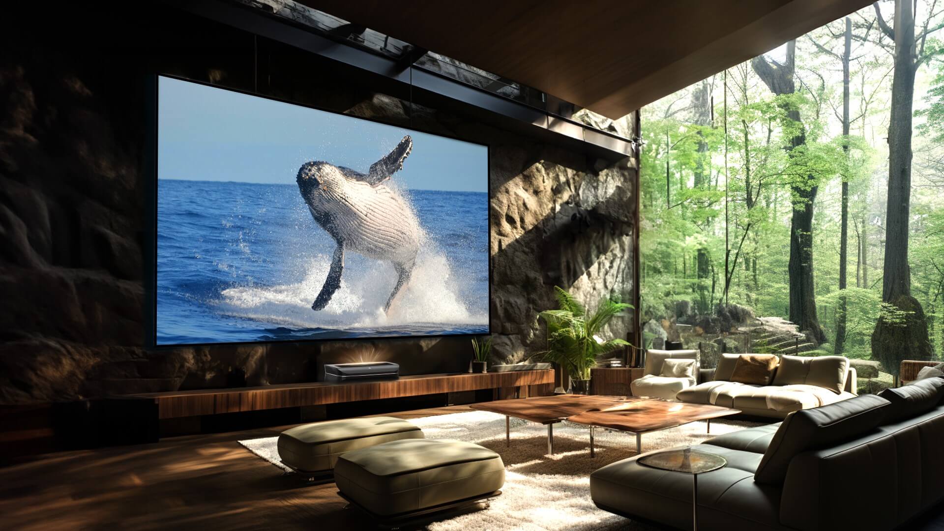 Laser TV in a luxurious living room displaying a breaching whale with high brightness and clarity.