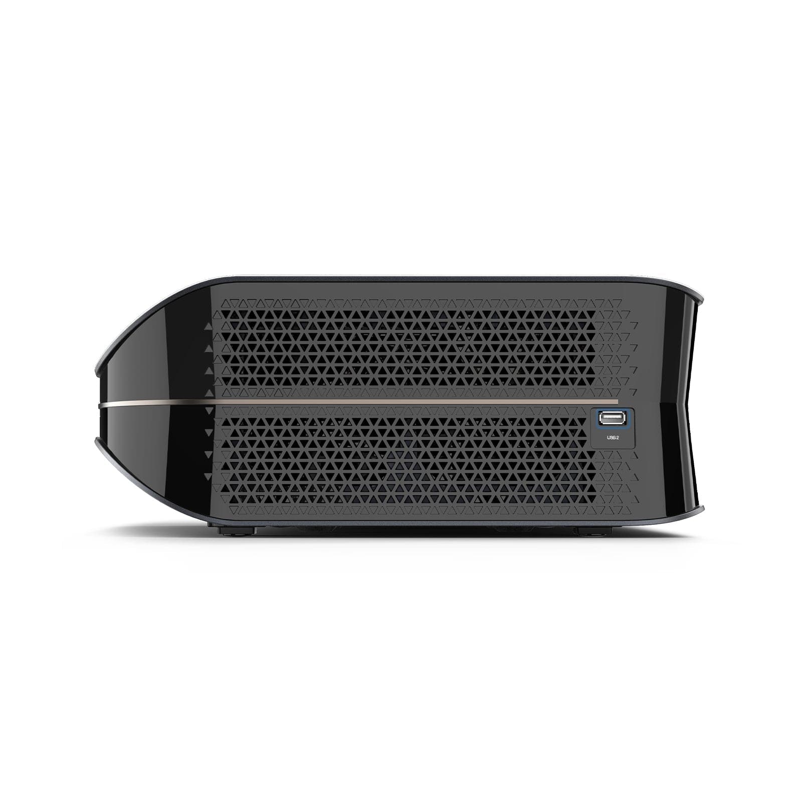 The side view of LTV-3000 Pro 4K UHD triple laser projector highlights the USB connector and the heat sink below.