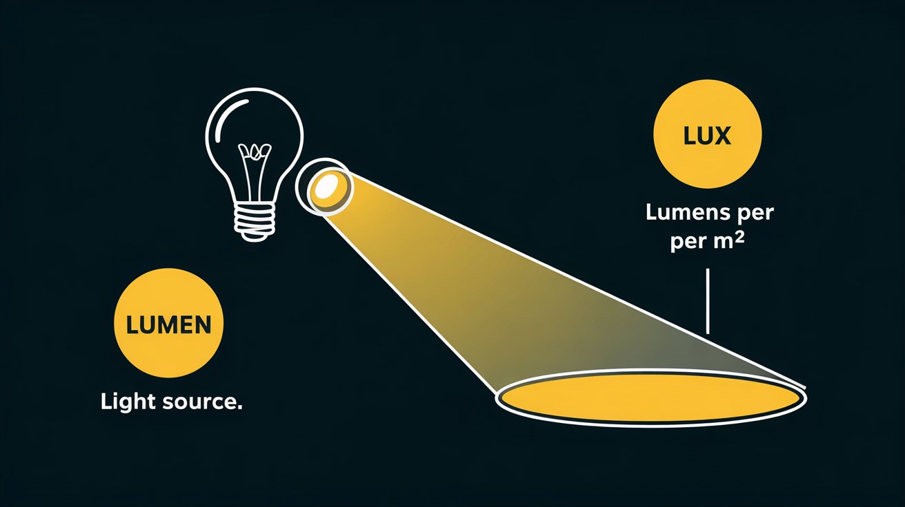 Lumen measures the total light output from a source, while Lux measures the light intensity per unit area.