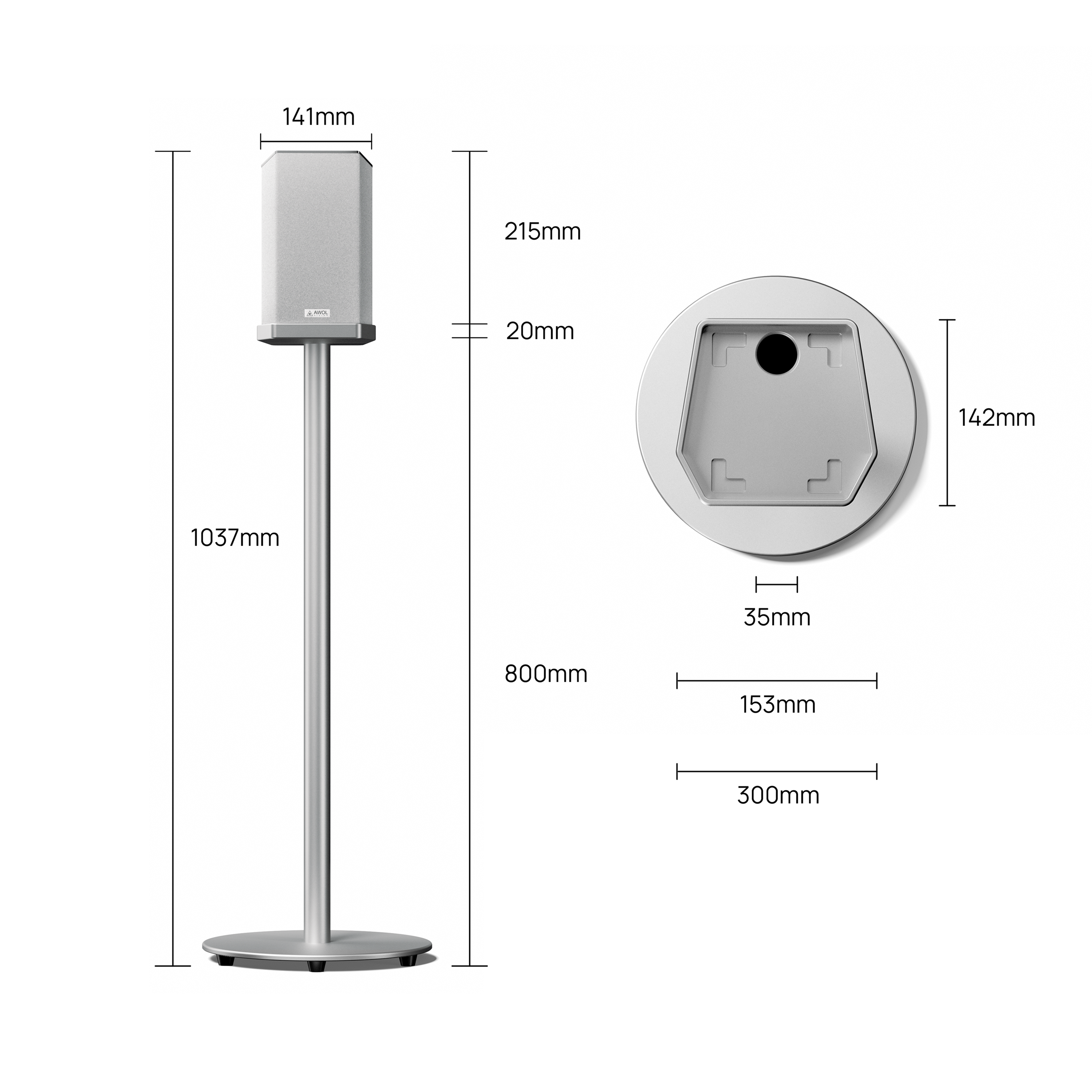 Detailed size chart of AWOL ThunderBeat floor speaker stand with precise dimensions and proportions.