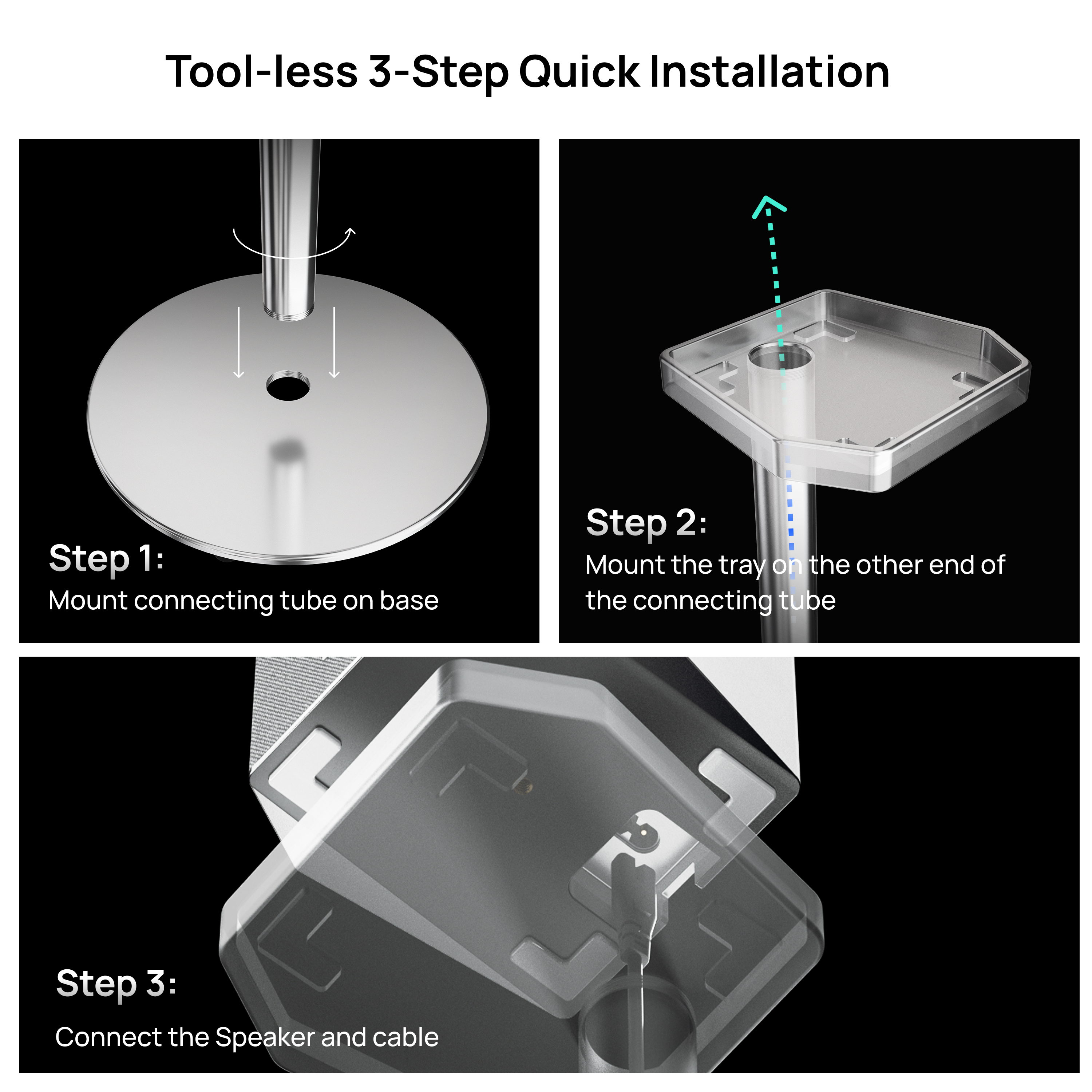 Three-step tool-less installation guide for AWOL ThunderBeat floor speaker stands with visual instructions.