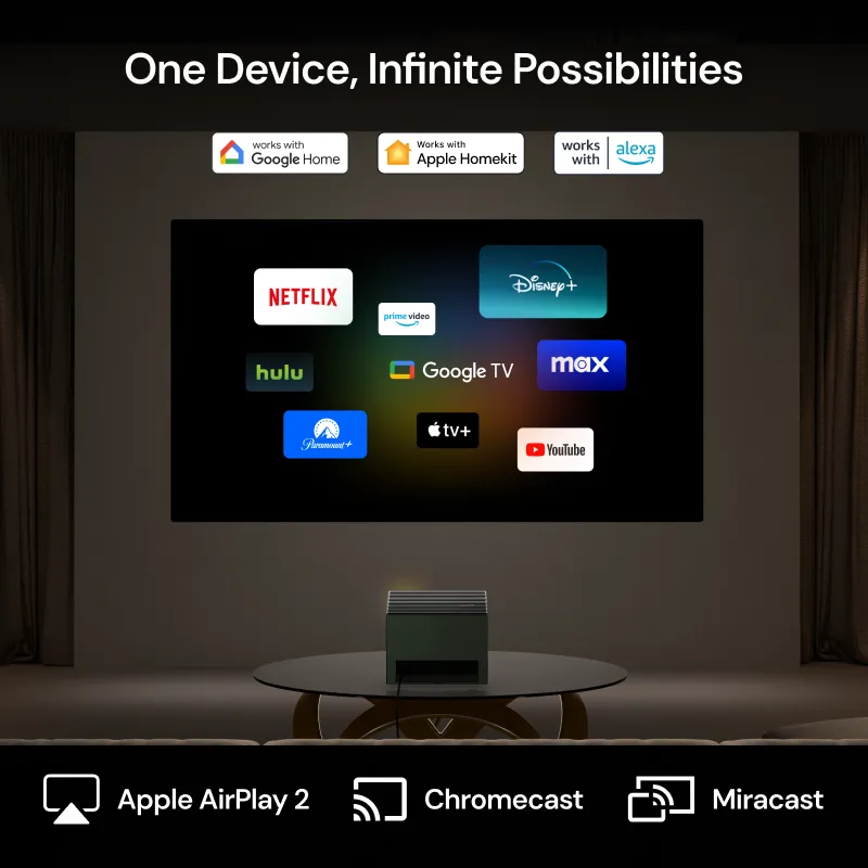 Valerion VisionMaster Pro2 4K HDR IMAX Enhanced long throw projector with built-in Google TV streaming apps and Apple AirPlay 2, Chromecast, Miracast support.