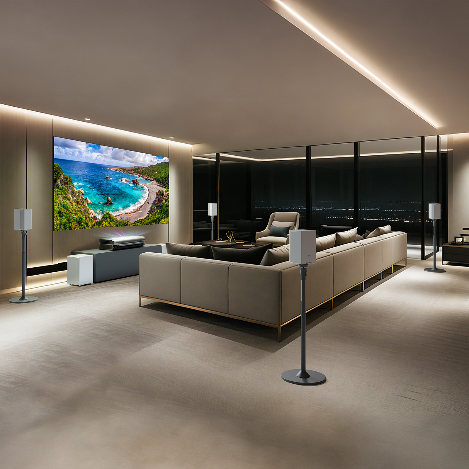 The modern home theater features AWOL Vision's wireless surround sound speaker system.