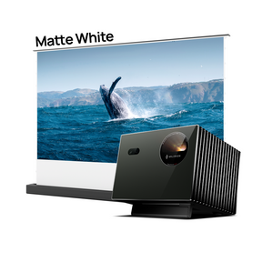Valerion VisionMaster Pro2 4K HDR IMAX Enhanced long throw projector with matte white floor rising screen bundle displaying a 4K ocean image.