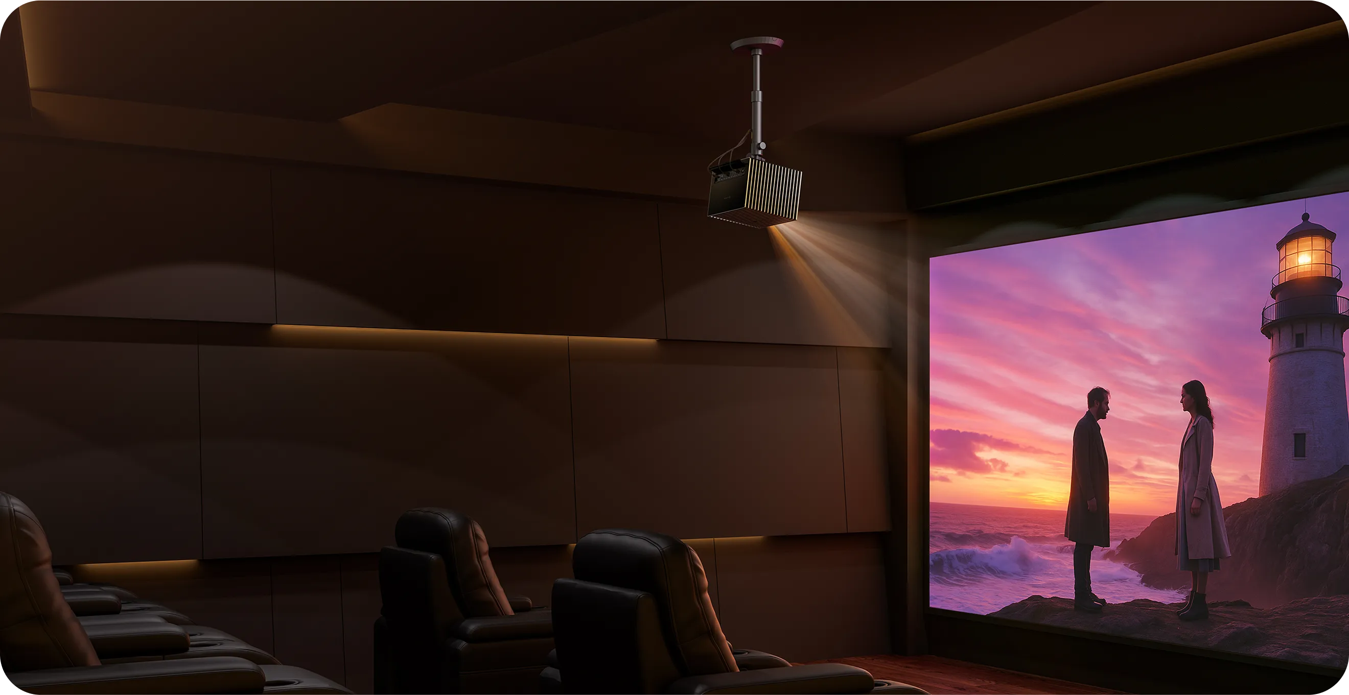 Valerion ceiling-mounted projector in home cinema showing a romantic sunset scene.