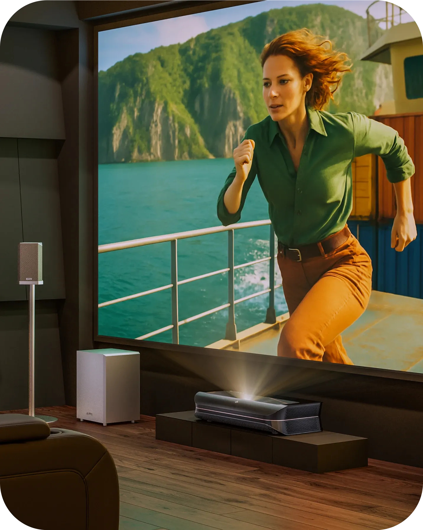 AWOL 130'' all-in-one home cinema system setup in a dedicated movie room.