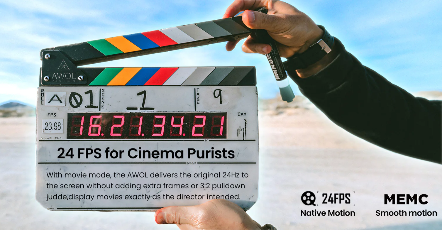 A person holds a movie clapperboard to illustrate how a dedicated 24 FPS mode preserves the native cinematic motion of a film, as opposed to using MEMC.