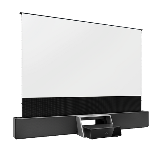 AWOL Vision Station with floor rising screen and UST projector setup for clean home theater design.