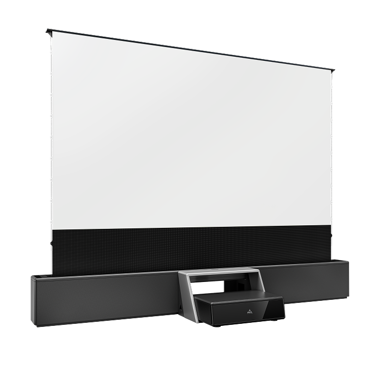 AWOL Vision Station with floor rising screen and UST projector setup for clean home theater design.