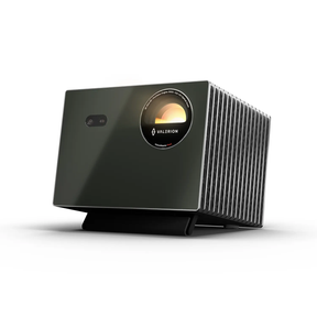 Angled product shot of Valerion VisionMaster Pro2 4K HDR IMAX Enhanced long throw projector in sleek dark chassis.