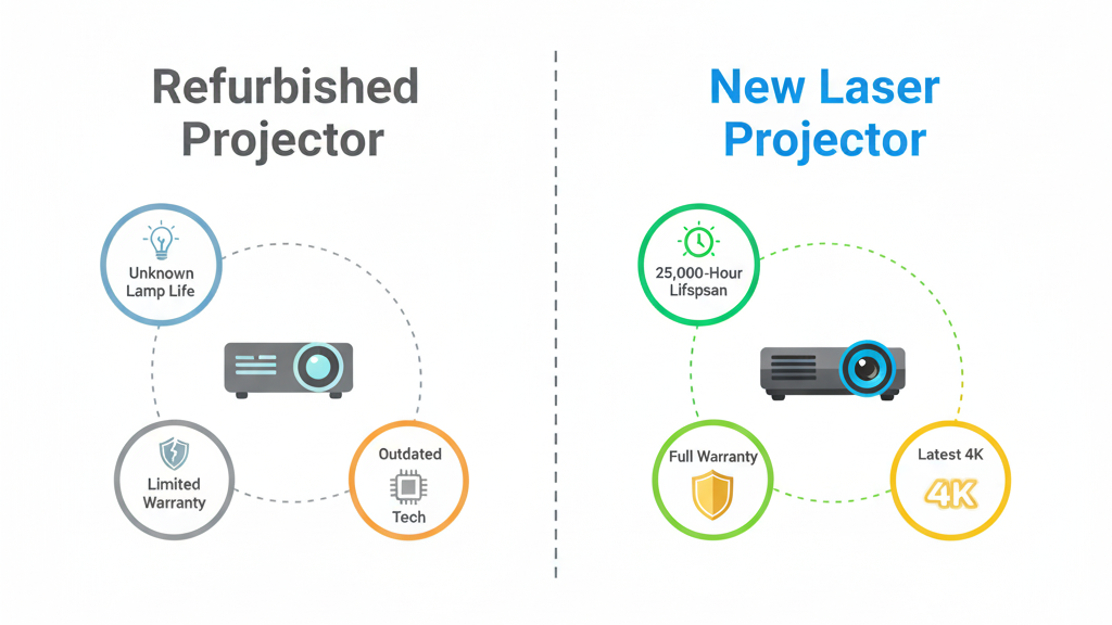 An infographic comparing a refurbished projector's risks (unknown lamp life, limited warranty, outdated tech) to a new laser projector's benefits (25,000-hour lifespan, full warranty, latest 4K).