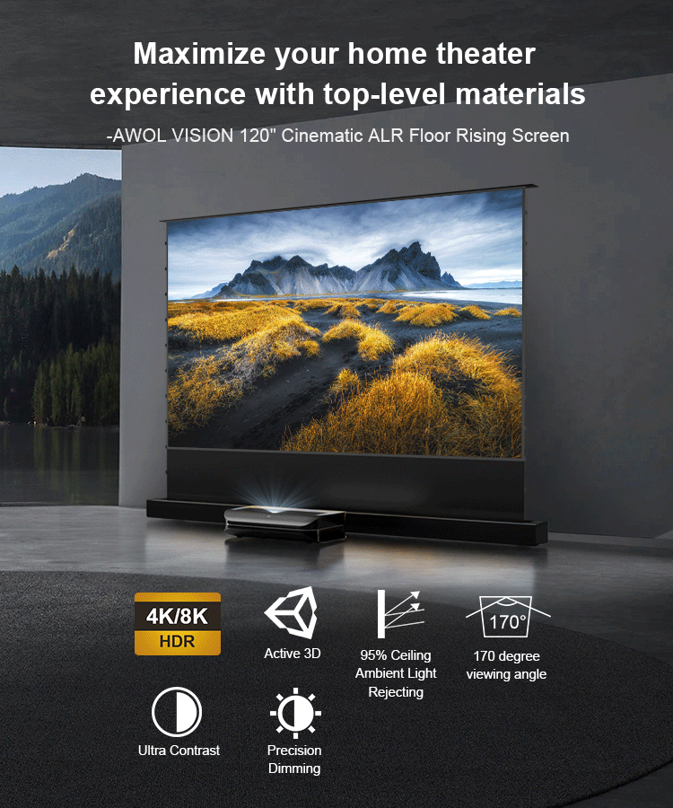 120-inch Cinematic+ ALR floor rising projector screen by AWOL VISION featuring precision dimming and ultra contrast.