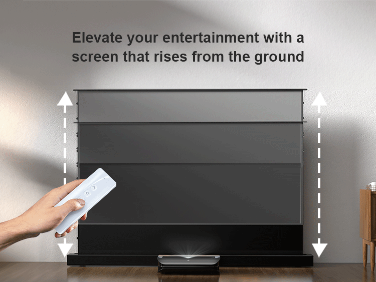 Remote control operation of the Cinematic+ ALR floor rising projector screen is convenient and simple.